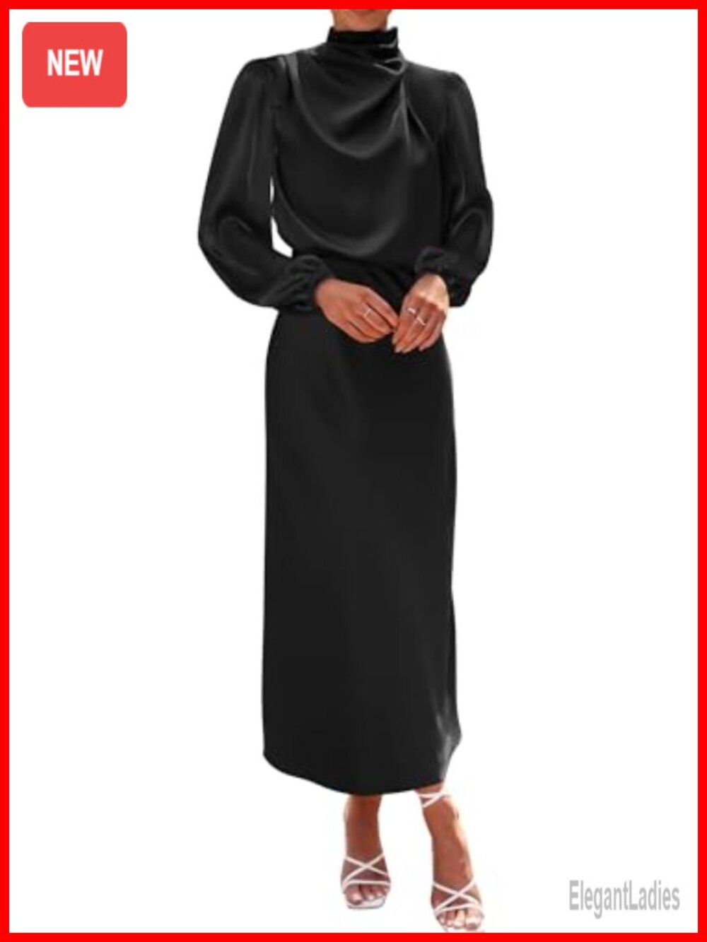 Mock Neck Satin Maxi Dress Long Sleeve Pleated Formal Cocktail
